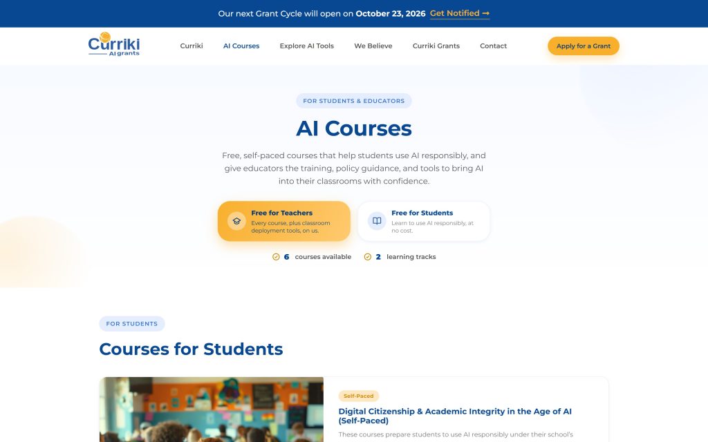 Curriki AI Grants: AI Courses page