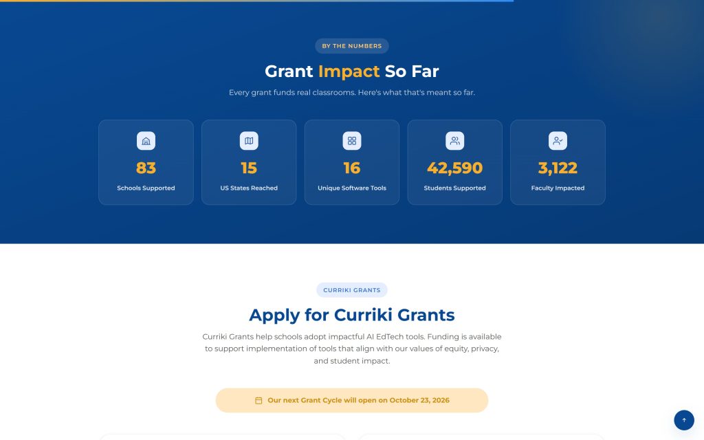 Curriki AI Grants: grant impact numbers and the apply section