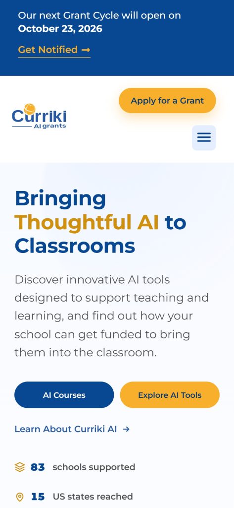 Curriki AI Grants home page on mobile