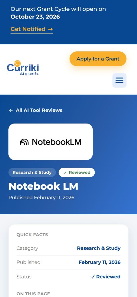 Curriki AI Grants: a review page on mobile