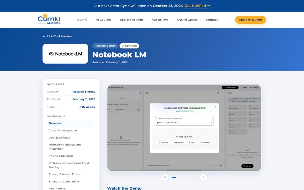 Curriki AI Grants: a tool review rendered by the custom review plugin