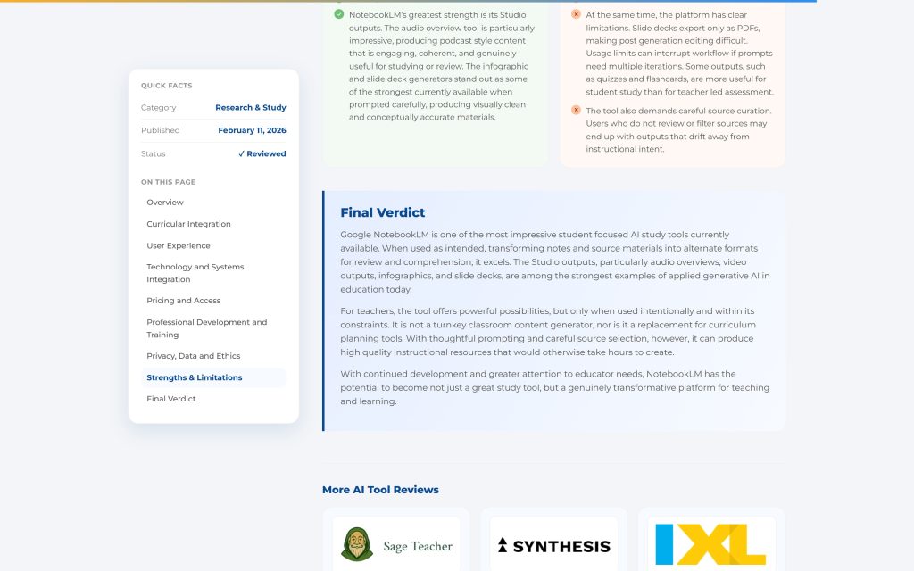 Curriki AI Grants: review sections with strengths, limitations and the final verdict