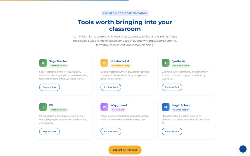 Curriki AI Grants: "Tools worth bringing into your classroom" cards