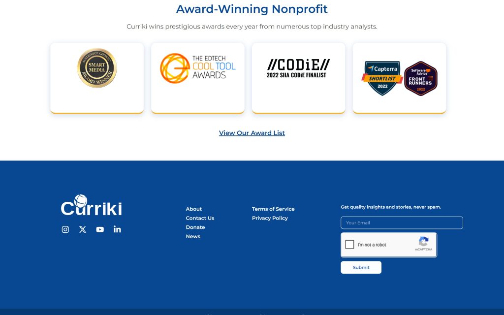 Curriki: award-winning nonprofit section and footer