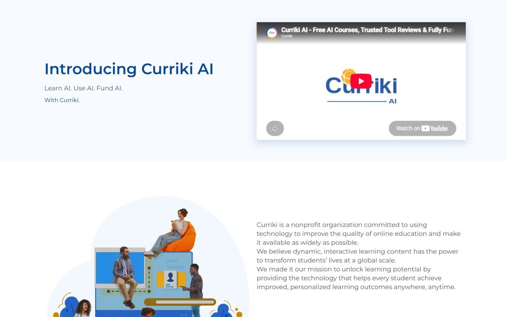 Curriki: "Introducing Curriki AI" section with the launch video