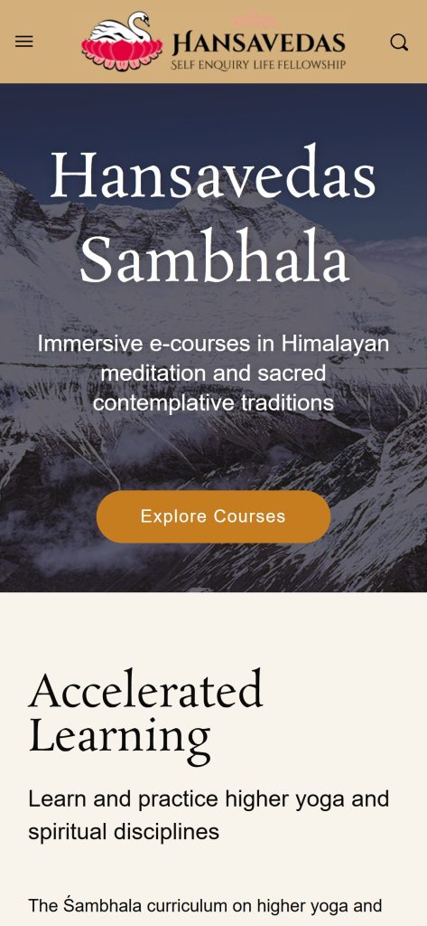 Hansavedas Sambhala home page on mobile