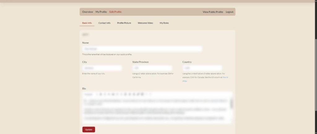 Trillium: teacher dashboard, front-end profile editing form (personal data blurred)