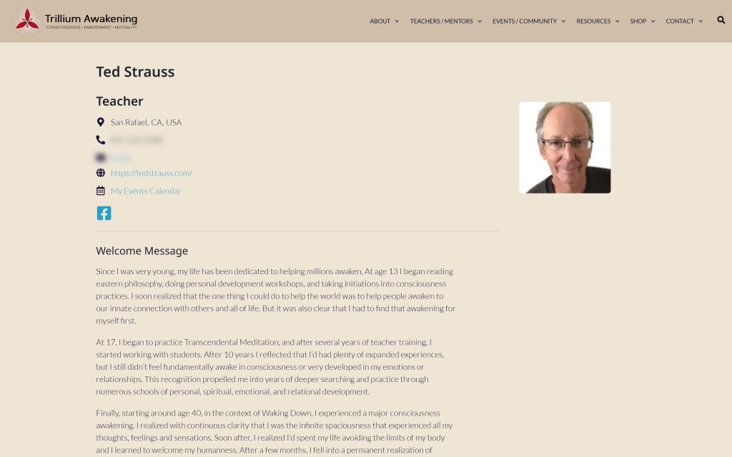 Trillium: single teacher profile template (contact details blurred)